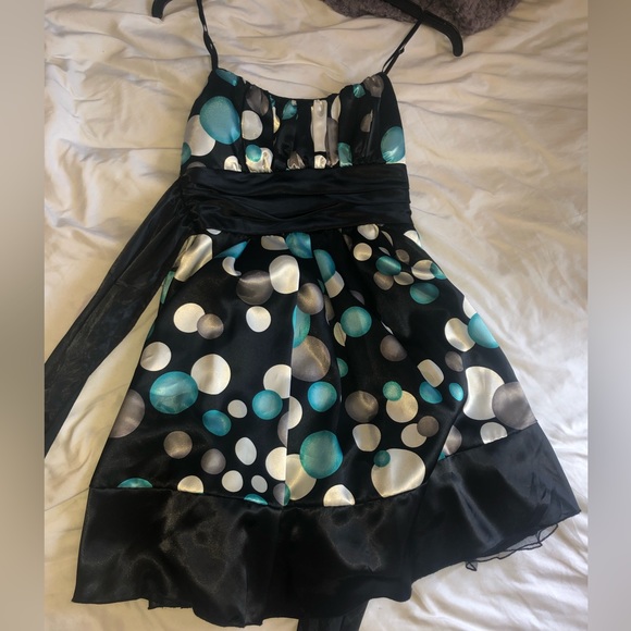 Y2K teal and black polka dot dress w tie back - Picture 1 of 4